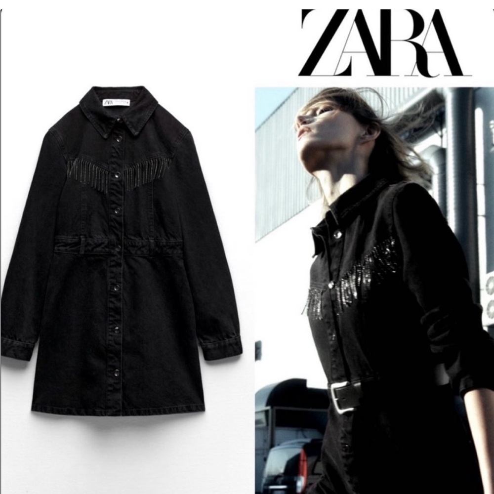 Zara Women's Black Denim Coat with Fringe Detail
